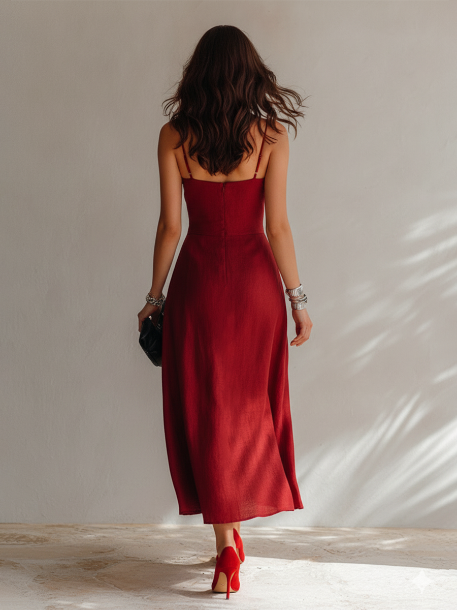 Women’s Minimalist Linen-Blend Ruched Spaghetti Strap Midi Dress MDZ2166E9ZRK