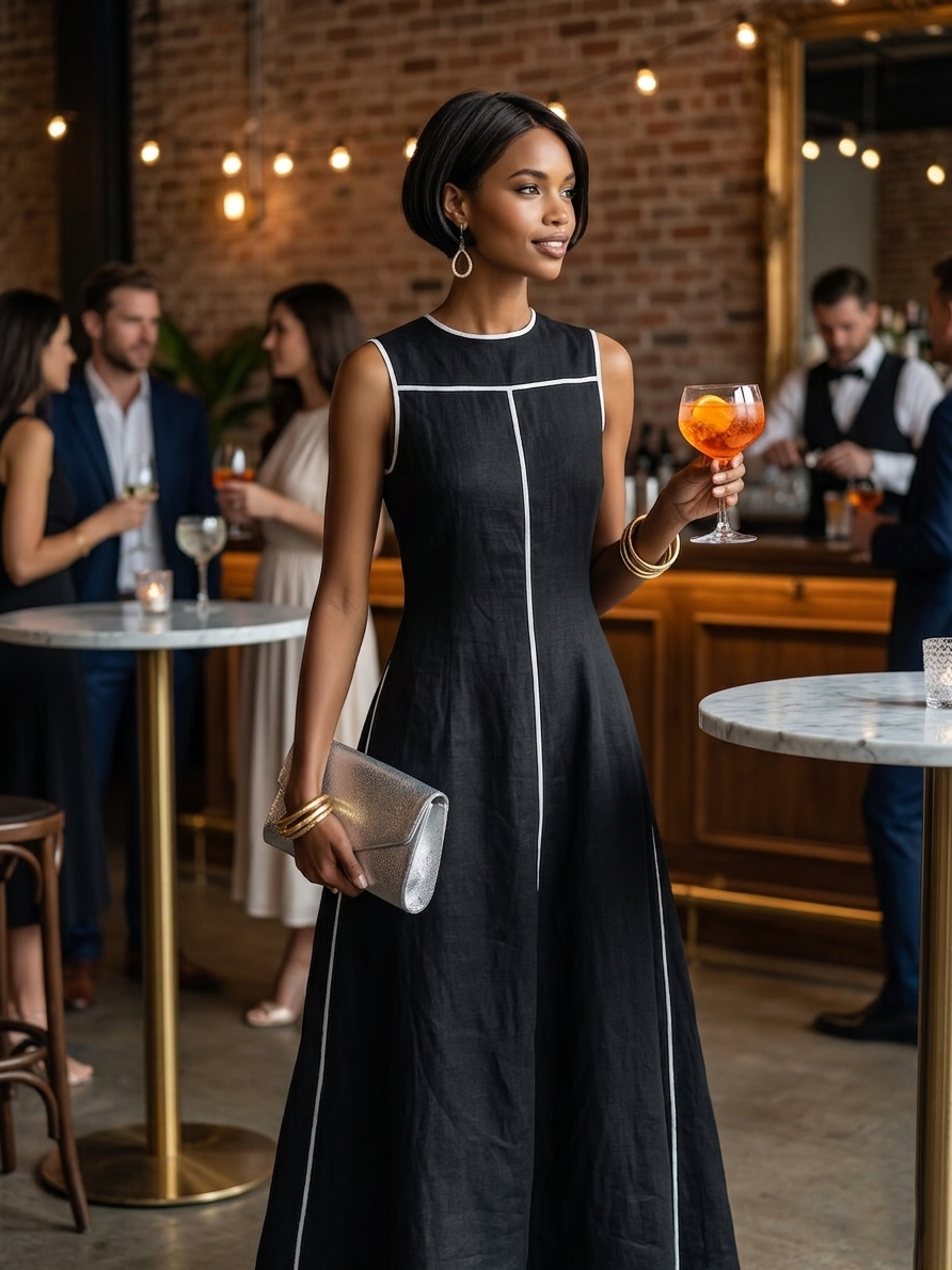 Women's Minimalist Linen-Blend Maxi Dress With Contrast Trim, Round Neck, And Sleeveless Design MDZ1516E0Y