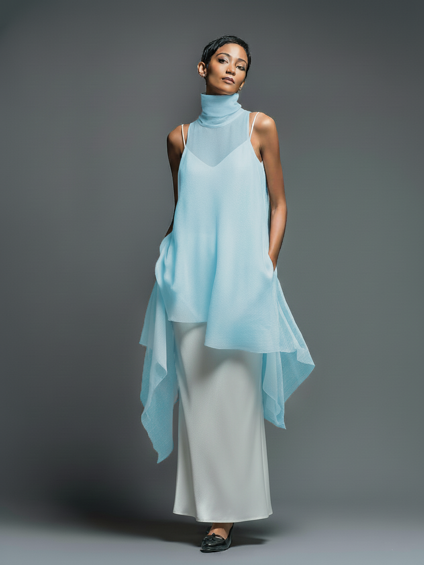 Women's Minimalist Imitation Acetate Slip Dress Paired With A Chiffon Overlay Maxi Dress MDZ2702A3Y
