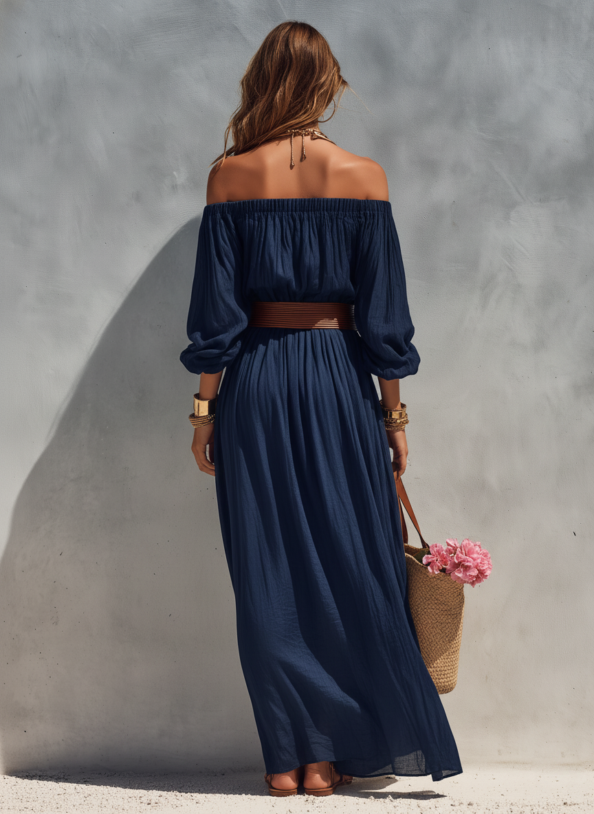 Women's Casual Dark Blue Cotton Linen Strapless Long-sleeved Dress (belt Not Included) MDZ1281C1AN