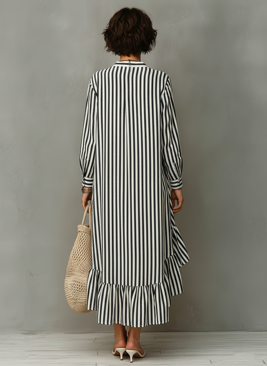 Women's Minimalist Cotton-Blend Long-Sleeve Henley Midi Dress (High-Low Hem) MDZ1697F4WY