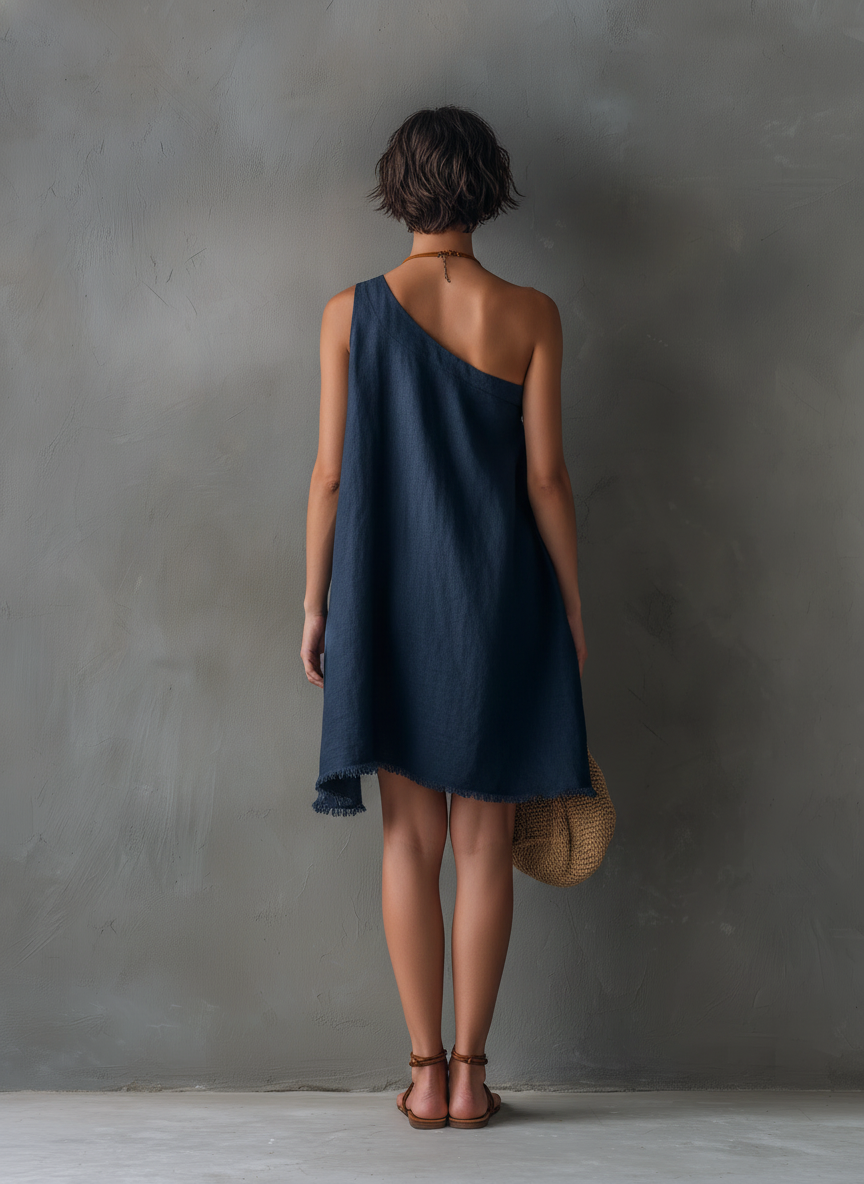 Women's Minimalist Linen-Blend One-Shoulder Sleeveless Mini Dress With Frayed Hem MDZ2597E0Y
