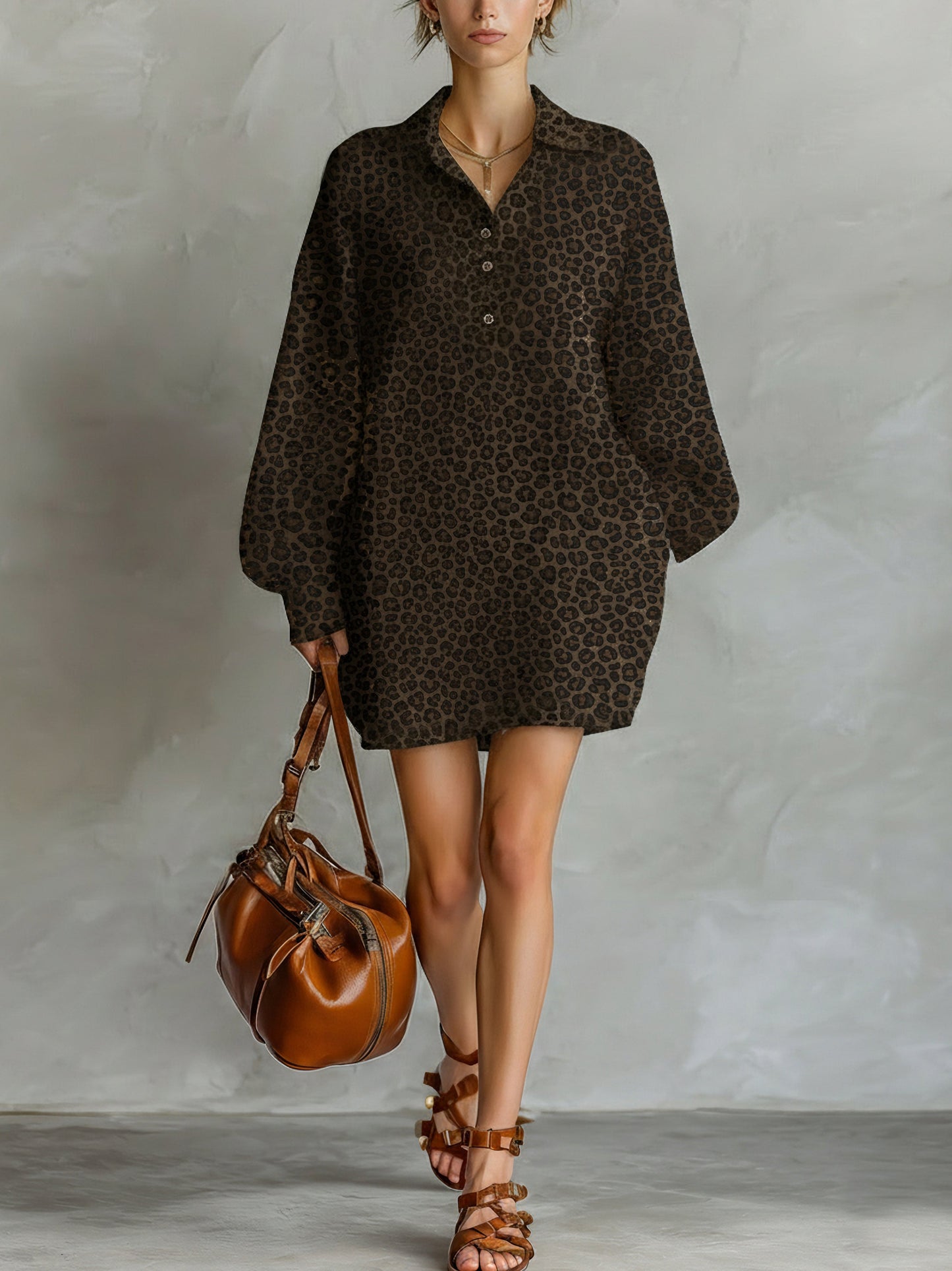Women's Fashionable Brown Leopard Print Loose Open Neckline Long Sleeve Dress MDA1895L2AN