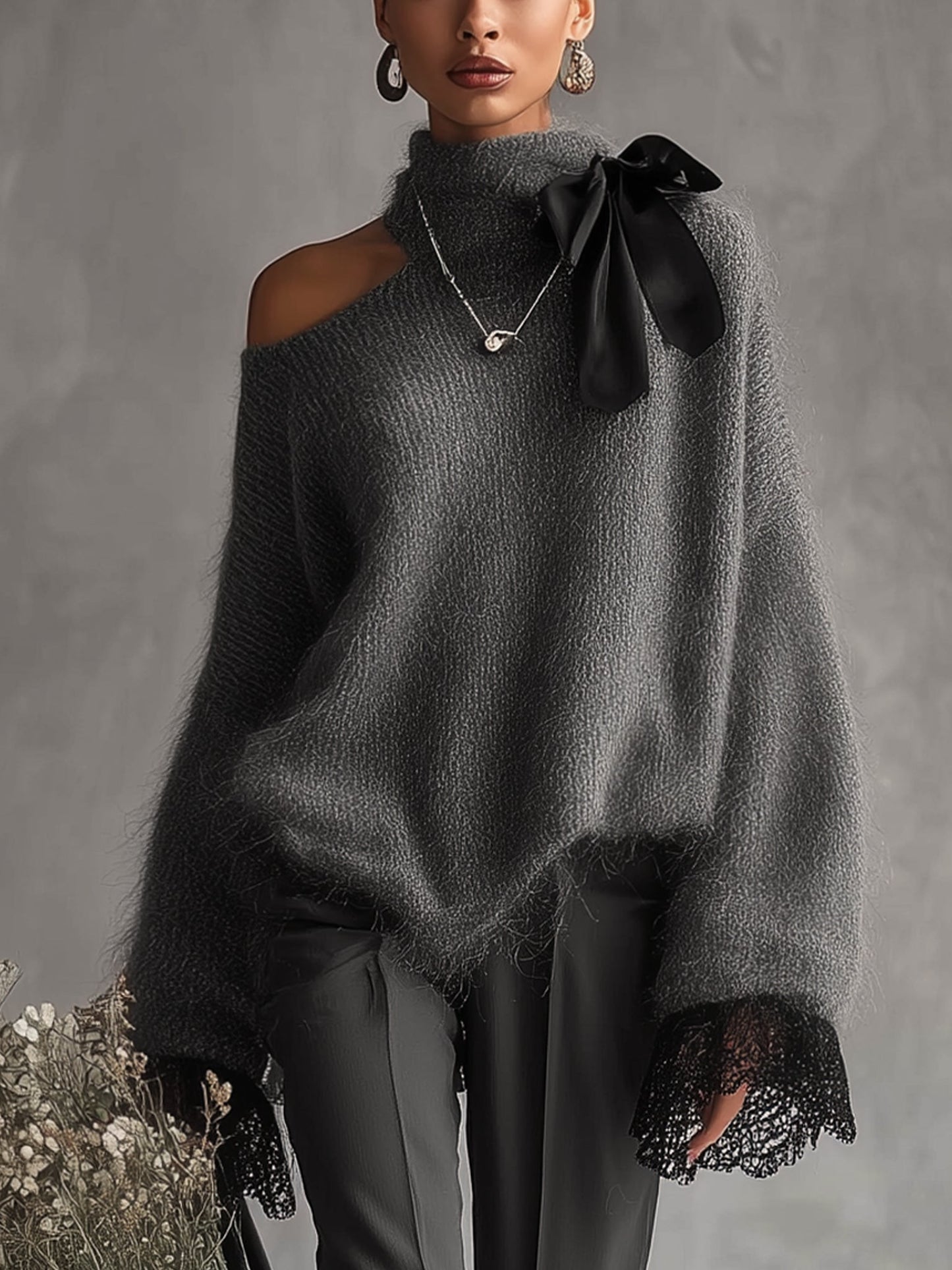24-Hour-Shipping Gray Mohair Knit Sweater With Lace Cuffs