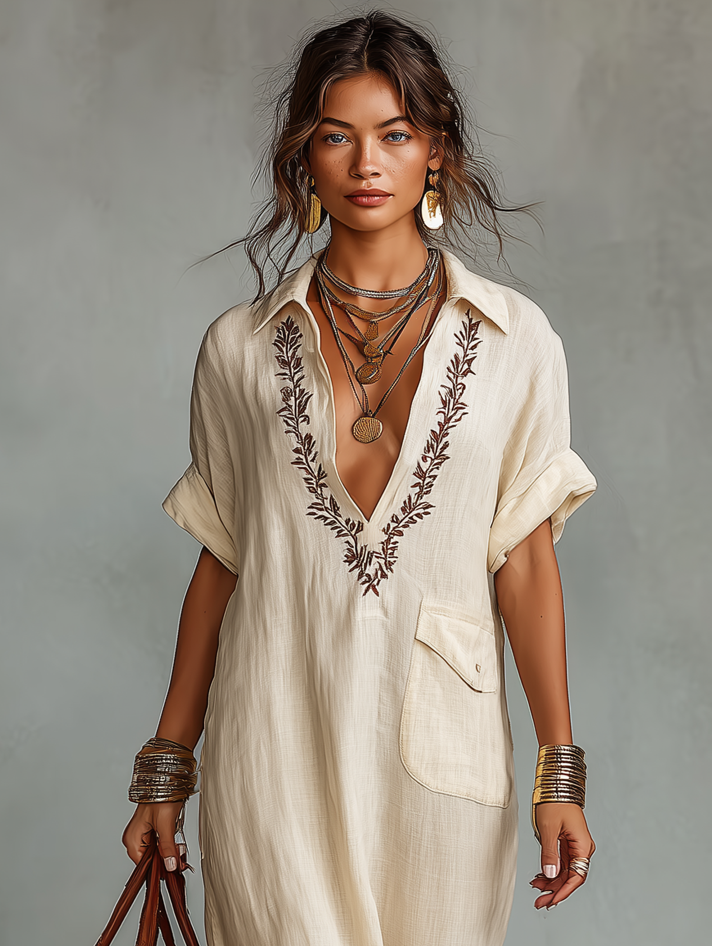 Women's Minimalist Linen Blend Embroidered Short-sleeved Shirt Maxi Dress MDZ0600A1Y