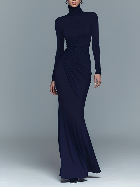 Women's Navy Elegant Stretch Polyester-Cotton Blend Turtleneck Draped Maxi Dress MDA1742J1I